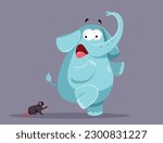 
Funny Elephant Being Scared by a Little Mouse Vector Humor Cartoon Illustration. Stressed animal fearing a little rodent screaming in panic
