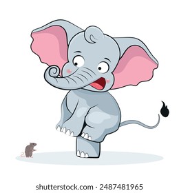 Funny Elephant Being Scared by a Little Mouse Vector Humor Cartoon Illustration. Stressed animal fearing a little rodent screaming in panic