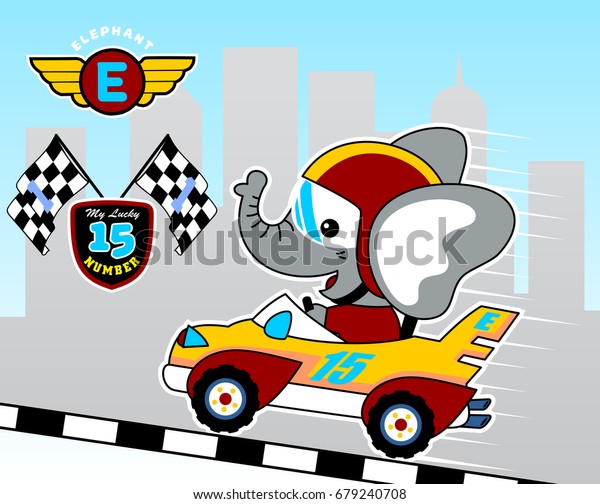 funny elephant the best car racer, vector\
cartoon illustration
