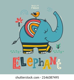 Funny elephant cartoon hand drawn illustration