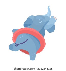 Funny elephant cartoon illustration. Cute baby elephant with long trunk performing, standing on balloon. Animal, circus concept
