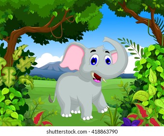 funny elephant cartoon with landscape background