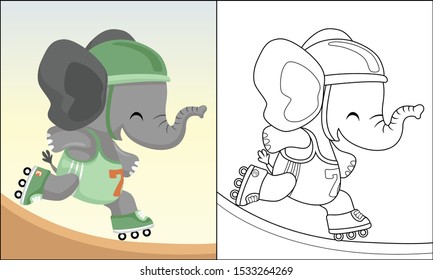 Funny elephant cartoon playing roller skate, coloring book or page