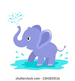 A funny elephant character plays in a puddle and makes a fountain with his trunk. Children's print. flat vector illustration isolated on white background