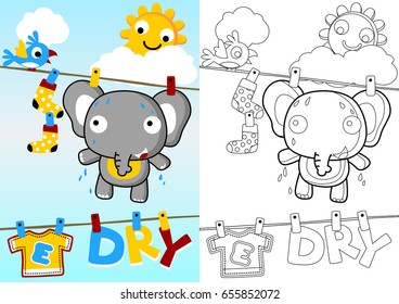 funny elephant in clothesline with little bird, smiling sun behind clouds, coloring book or page, vector cartoon