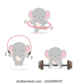 Funny elephant doing exercise. Fitness and healthy lifestyle. 