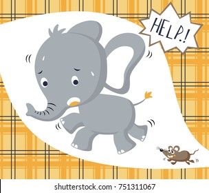 funny elephant fear with mice, vector cartoon illustration
