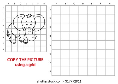 funny  elephant game. Vector illustration of grid copy puzzle with happy cartoon elephant for children