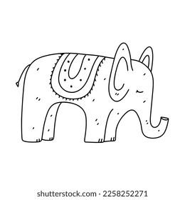 Funny elephant hand drawn doodle style. Isolated on white background. Coloring page.
