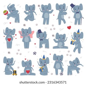 Funny Elephant with Large Ear Flaps and Trunk Engaged in Different Activity Vector Set