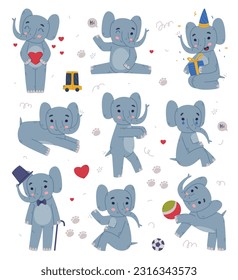 Funny Elephant with Large Ear Flaps and Trunk Engaged in Different Activity Vector Set