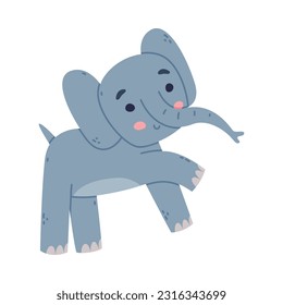 Funny Elephant with Large Ear Flaps and Trunk Stamping and Smiling Vector Illustration