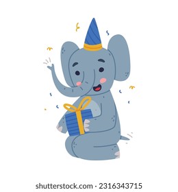 Funny Elephant with Large Ear Flaps and Trunk Wearing Cone Hat with Wrapped Birthday Gift Box Vector Illustration