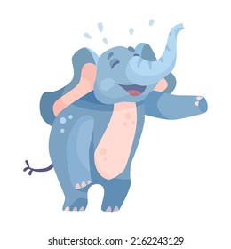 Funny elephant laughs merrily cartoon illustration. Cute baby elephant with long trunk performing, standing on balloon. Animal, circus concept