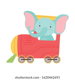 Funny Elephant with Long Trunk Riding on Train Vector Illustration