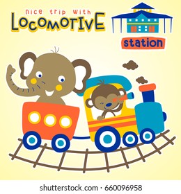 Funny elephant and monkey on steam train with train station, vector cartoon illustration