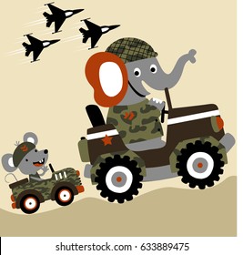 Funny elephant and mouse in soldier uniform driving military vehicle, vector cartoon illustration