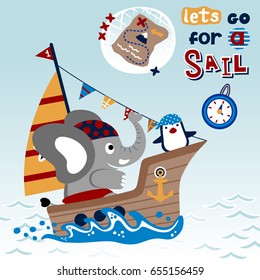 Funny elephant with penguin in pirate costume on sailboat, pirate elements, vector cartoon illustration