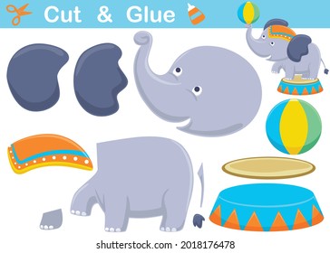 Funny elephant playing ball in circus show. Cutout and gluing. Vector cartoon illustration