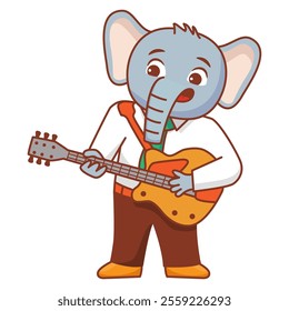 Funny elephant playing guitar.Cute rockstar .Animal cartoon characters.Vector illustration. The musician plays the guitar.Musician with guitar.