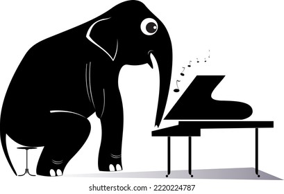 Funny elephant playing piano. 
Cartoon elephant playing piano with inspiration. Black silhouette on white background
