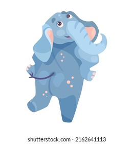 Funny elephant posing in front of circus spectators cartoon illustration. Cute baby elephant with long trunk performing. Animal, circus concept