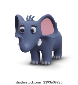 Funny elephant with raised trunk, side view. 3D illustration in plasticine style. Wild tropical animal. Illustration for educational resources, games, zoo website