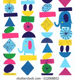 Un elefante divertido sin fisuras con elementos geométricos abstractos. Ilustración vectorial. Diseño de tela infantil, papel pintado, envoltura.
