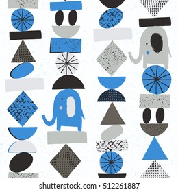 Funny elephant seamless with abstract geometric elements. Vector illustration. Kid cloth design, wallpaper, wrapping.