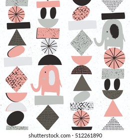 Funny elephant seamless with abstract geometric elements. Vector illustration. Kid cloth design, wallpaper, wrapping.
