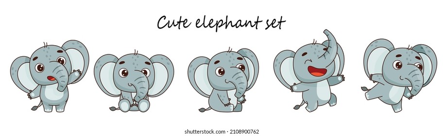 Funny elephant set. Standing, sitting, jumping. Set for design in cartoon style. Vector illustration for designs, prints and patterns.