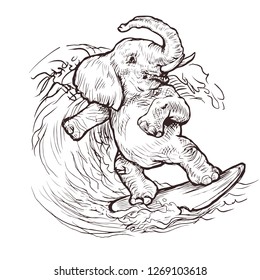 funny elephant surfer glides over the waves on a surfboard style illustration engraving vector