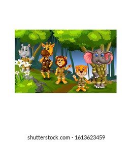 Funny Elephant, Tiger, Lion, Giraffe, Rhinoceros In Forest Cartoon