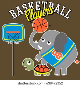 Funny elephant with turtle playing basketball, vector cartoon illustration