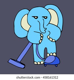 Funny elephant with a vacuum cleaner - vector illustration.