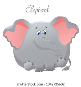 Funny elephant. Vector greeting card with cute fat cartoon character. The concept of fun design for clothing and interior. Simple comic animal personage.