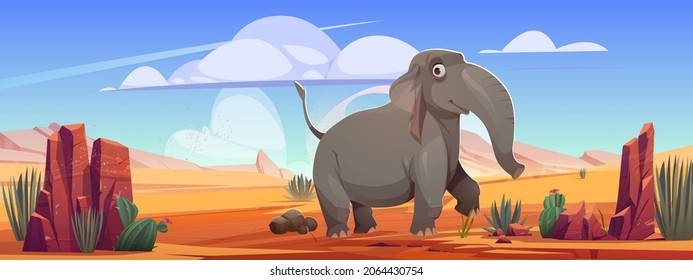 Funny elephant walk at desert landscape of safari park or outdoor zoo. Cartoon wild animal character at deserted nature background with sand, rocks and cacti. Wildlife environment Vector illustration