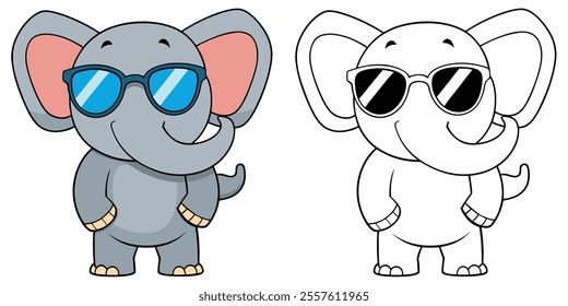 Funny Elephant Wearing Eyeglasses Cartoon Coloring Page For Kids. Animal Cartoon Coloring Book Printable
