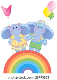 Funny elephants on rainbow.
