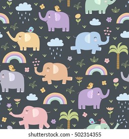 Funny elephants seamless pattern. Vector texture in childish style great for fabric and textile, wallpapers, web page backgrounds, cards and banners design