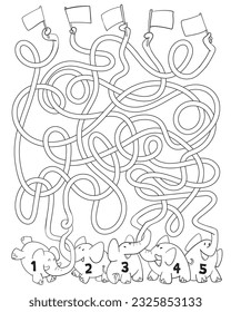 Funny elephants with tangled trunks. Children logic game to pass the maze. Educational game for kids. Choose right path. Write correct answers. Funny cartoon character. Coloring book