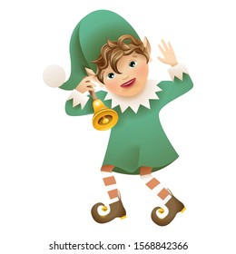 Funny Elf character with a  Christmas bell. Isolated on a white background.