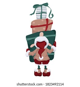 Funny elf with gift boxes in his hands vector illustration
