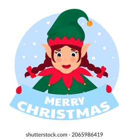Funny elf is holding a sign that says Merry Christmas