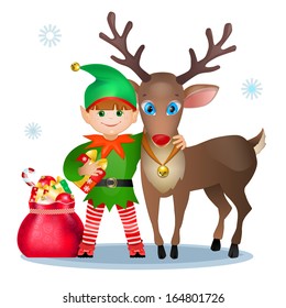Funny elf and reindeer, christmas card. Isolated on white background