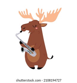 Funny Elk Character Playing Saxophone Performing Concert Vector Illustration
