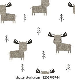 Funny elk in the forest seamless pattern. Cute childish print in Scandinavian style. Vector hand drawn illustration.