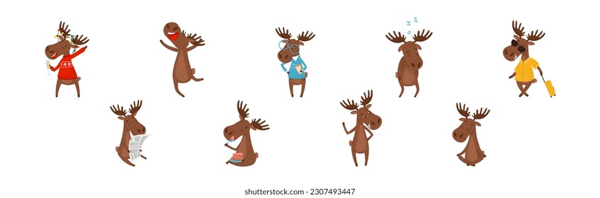 Funny Elk or Moose with Antlers and Hooves Vector Set