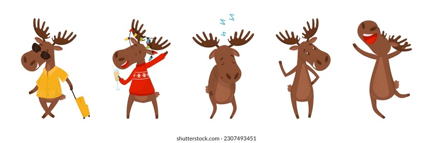 Funny Elk or Moose with Antlers and Hooves Vector Set