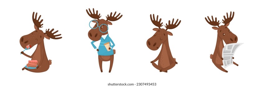 Funny Elk or Moose with Antlers and Hooves Vector Set